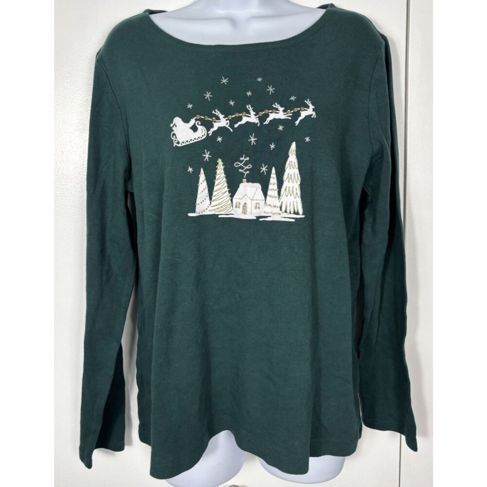 Croft & Barrow Holiday Long Sleeved Tee Green & White Large